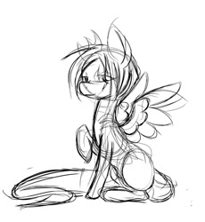 Size: 500x544 | Tagged: safe, artist:snickerlewdles, oc, oc only, oc:gingersnaps, species:pony, g4, female, lidded eyes, mare, monochrome, raised hoof, sitting, sketch, solo