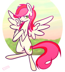Size: 500x554 | Tagged: safe, artist:snickerlewdles, character:roseluck, species:pegasus, species:pony, g4, blushing, female, lidded eyes, mare, race swap, sitting, solo