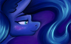 Size: 1024x640 | Tagged: safe, artist:snickerlewdles, character:princess luna, species:alicorn, species:pony, g4, bust, female, lidded eyes, mare, portrait, profile, smiling, solo