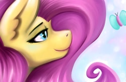 Size: 1224x792 | Tagged: safe, artist:snickerlewdles, character:fluttershy, species:pegasus, species:pony, g4, bust, butterfly, female, lidded eyes, mare, portrait, profile, smiling, solo
