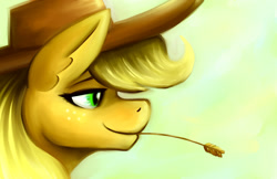 Size: 1224x792 | Tagged: safe, artist:snickerlewdles, character:applejack, species:earth pony, species:pony, g4, bust, female, mare, portrait, profile, smiling, solo, straw, straw in mouth