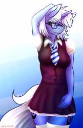 Size: 3300x5100 | Tagged: safe, alternate version, artist:snickerlewdles, oc, oc only, oc:yang rune, species:anthro, g4, arm behind head, clothing, dress, glasses, necktie, school uniform, stockings, thigh highs, ych result