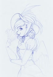 Size: 1091x1576 | Tagged: safe, artist:longinius, character:derpy hooves, species:anthro, g4, alternate hairstyle, clothing, dress, ear piercing, fan, hat, solo, wings
