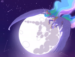 Size: 2361x1786 | Tagged: safe, artist:luna dave, character:princess celestia, species:alicorn, species:pony, g4, big wings, constellation, crown, crying, eyes closed, female, flying, jewelry, mare, mare in the moon, moon, realistic horse legs, realistic wings, regalia, stars, unshorn fetlocks, wing fluff, wings
