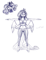 Size: 936x1224 | Tagged: safe, artist:snickerlewdles, oc, oc only, oc:gingersnaps, species:alicorn, species:anthro, species:pony, species:unguligrade anthro, g4, alicorn oc, big breasts, big wings, breasts, eye scar, female, hips, horn, legs, long legs, long tail, monochrome, scar, sketch, solo, solo female, tail, thighs, wings