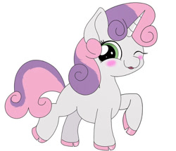 Size: 750x645 | Tagged: safe, artist:orcinuspony, character:sweetie belle, species:pony, species:unicorn, g4, blank flank, blushing, colored hooves, female, filly, solo, wink