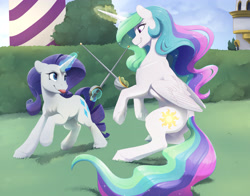Size: 4200x3300 | Tagged: safe, artist:silfoe, character:princess celestia, character:rarity, species:alicorn, species:pony, species:unicorn, ship:rarilestia, g4, canterlot castle, fencing, lesbian, rapier, shipping, sword, sword fight