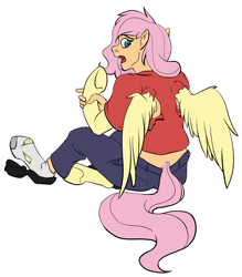 Size: 1052x1200 | Tagged: safe, artist:tf-sential, character:fluttershy, species:anthro, species:plantigrade anthro, g4, clothing, human to pony, midriff, rule 63, socks, torn clothes, transformation, transgender transformation, underhoof