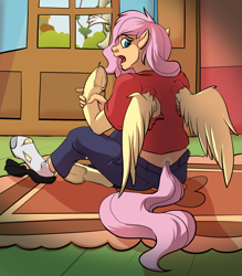 Size: 1052x1200 | Tagged: safe, artist:tf-sential, character:discord, character:fluttershy, species:draconequus, species:human, species:pegasus, species:pony, g4, clothing, frog (hoof), human to pony, midriff, rule 63, socks, solo focus, transformation, transgender transformation, underhoof
