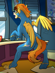 Size: 906x1200 | Tagged: safe, artist:tf-sential, character:spitfire, species:human, species:pegasus, species:pony, g4, frog (hoof), human to pony, rule 63, solo, transformation, transgender transformation, underhoof, wonderbolts uniform
