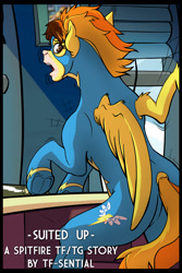 Size: 667x1000 | Tagged: safe, artist:tf-sential, character:spitfire, species:human, g4, cover art, fanfic, fanfic art, human to pony, rule 63, solo, suited up, transformation, transgender transformation, wonderbolts uniform
