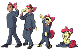 Size: 1920x1220 | Tagged: safe, artist:tf-sential, character:apple bloom, species:earth pony, species:human, species:pony, g4, age regression, clothing, floppy ears, frog (hoof), human to pony, lip bite, male to female, rule 63, solo, transformation, transformation sequence, transgender transformation, underhoof, wat