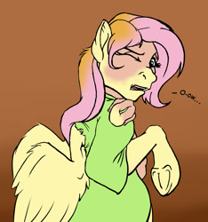 Size: 1000x1070 | Tagged: safe, artist:tf-sential, character:fluttershy, species:pegasus, species:pony, g4, frog (hoof), human to pony, one eye closed, solo, transformation, underhoof