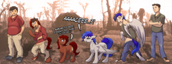 Size: 2667x1000 | Tagged: safe, artist:tf-sential, oc, oc only, oc:penny, oc:sapphire sights, fallout equestria, g4, human to pony, rule 63, transformation, transgender transformation