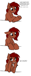 Size: 726x1743 | Tagged: safe, artist:tf-sential, oc, oc only, oc:penny, species:earth pony, species:pony, g4, blushing, comic, human to pony, lip bite, narcissism, solo, transformation