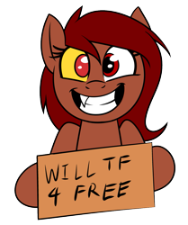 Size: 1003x1200 | Tagged: safe, artist:tf-sential, character:discord, oc, oc:eris, oc:penny, species:earth pony, species:pony, g4, cute, grin, happy, heterochromia, rule 63, sign, simple background, smiling, solo, transformation, transparent background, will x for y, x was discord all along