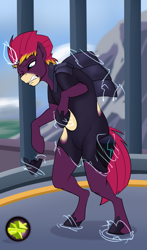 Size: 1322x2242 | Tagged: safe, artist:tf-sential, character:tempest shadow, species:human, species:pony, g4, my little pony: the movie (2017), armor, clothing, eye scar, female, human to pony, magic, mare, obsidian orb, scar, shoes, solo, transformation, transformation sequence, transgender transformation