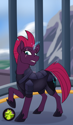 Size: 1322x2242 | Tagged: safe, artist:tf-sential, character:tempest shadow, species:pony, g4, my little pony: the movie (2017), armor, broken horn, clothing, eye scar, female, looking at you, mare, obsidian orb, raised hoof, scar, shoes, solo, transformation, transformation sequence, transgender transformation