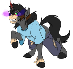Size: 1622x1537 | Tagged: safe, artist:tf-sential, character:king sombra, species:pony, species:unicorn, g4, clothing, corrupted, drool, eye mist, gritted teeth, human to pony, male, solo, torn clothes, transformation