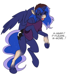 Size: 1280x1355 | Tagged: safe, artist:tf-sential, character:princess luna, species:alicorn, species:pony, g4, clothing, cutie mark, female, human to pony, one eye closed, open mouth, shirt, simple background, solo, transformation, transparent background, wat