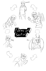 Size: 1238x1913 | Tagged: safe, artist:tf-sential, character:discord, oc, oc:eris, oc:penny, g4, human to draconequus, human to pony, monochrome, rule 63, sketch, transformation, transformation sequence