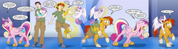 Size: 5184x1440 | Tagged: safe, artist:tf-sential, character:princess cadance, character:princess flurry heart, character:sunburst, species:alicorn, species:pony, species:unicorn, g4, baby, baby pony, clothing, dialogue, female, human to pony, magic, male, mare, stallion, transformation, transformation sequence