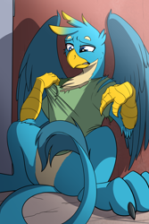 Size: 1280x1920 | Tagged: safe, artist:tf-sential, character:gallus, species:griffon, g4, clothing, human to griffon, male, paws, set:gallus tf sequence, solo, tail, torn clothes, transformation