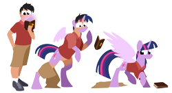 Size: 2560x1394 | Tagged: safe, artist:tf-sential, character:twilight sparkle, character:twilight sparkle (alicorn), oc, oc:acesential, species:alicorn, species:pony, g4, book, human to pony, lineless, polo shirt, transformation, transgender transformation