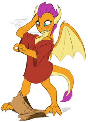 Size: 1391x1920 | Tagged: safe, artist:tf-sential, character:smolder, species:dragon, g4, blushing, human to dragon, implied transformation, male to female, polo shirt, rule 63, solo, transformation, transgender transformation