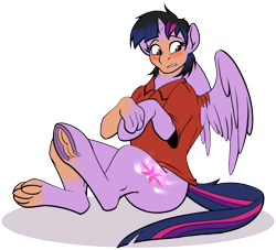 Size: 1280x1164 | Tagged: safe, artist:tf-sential, character:twilight sparkle, character:twilight sparkle (alicorn), oc, oc:acesential, species:alicorn, species:pony, g4, blushing, glowing cutie mark, human to pony, male to female, polo shirt, rule 63, simple background, transformation, transgender transformation, transparent background