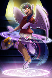 Size: 1280x1920 | Tagged: safe, artist:tf-sential, character:twilight sparkle, character:twilight sparkle (alicorn), oc, oc:acesential, species:alicorn, species:human, species:pony, g4, book, crying, female, floating, human to pony, magic, magic circle, male, mare, polo shirt, solo, tears of joy, transformation, transgender transformation
