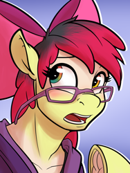 Size: 1600x2133 | Tagged: safe, artist:tf-sential, character:apple bloom, species:earth pony, species:human, species:pony, g4, age regression, blushing, bow, bust, clothing, frog (hoof), glasses, gradient background, hair bow, human to pony, male to female, open mouth, rule 63, solo, transformation, transgender transformation, underhoof