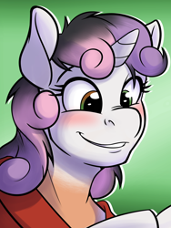 Size: 1200x1600 | Tagged: safe, artist:tf-sential, character:sweetie belle, species:human, species:pony, species:unicorn, g4, age regression, blushing, bust, clothing, gradient background, human to pony, male to female, portrait, rule 63, smiling, solo, transformation, transgender transformation