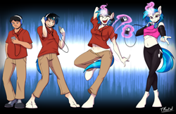 Size: 2782x1800 | Tagged: safe, artist:tf-sential, character:dj pon-3, character:vinyl scratch, oc, oc:acesential, species:anthro, species:human, species:unguligrade anthro, g4, belly button, clothing, dancing, explicit source, female, headphones, human to pony, ipod, leggings, looking at you, magic, male, male to female, midriff, nail polish, rule 63, solo, telekinesis, transformation, transformation sequence, transgender transformation