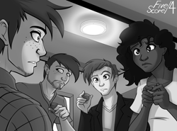Size: 1280x946 | Tagged: safe, artist:tf-sential, species:human, fanfic:five score divided by four, g4, alcohol, character needed, concerned, fanfic art, grayscale, monochrome, zoned out