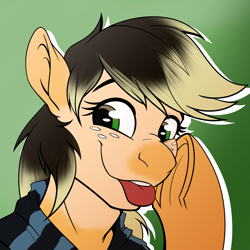 Size: 1280x1280 | Tagged: safe, artist:tf-sential, character:applejack, species:earth pony, species:human, species:pony, g4, frog (hoof), gradient background, human to pony, looking at you, smiling, tongue out, transformation, transgender transformation, underhoof