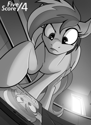 Size: 1280x1760 | Tagged: safe, artist:tf-sential, character:rainbow dash, species:pegasus, species:pony, fanfic:five score divided by four, g4, annoyed, cellphone, confused, fanfic art, grayscale, implied transformation, monochrome, phone, smartphone, solo