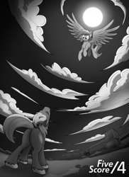 Size: 1280x1760 | Tagged: safe, artist:tf-sential, character:big mcintosh, character:rainbow dash, species:earth pony, species:pegasus, species:pony, fanfic:five score divided by four, g4, cloud, fanfic art, flying, full moon, grayscale, implied transformation, monochrome, moon, night, scenery, spread wings, wings