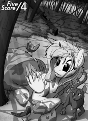 Size: 1280x1760 | Tagged: safe, artist:tf-sential, character:fluttershy, species:bird, species:pegasus, species:pony, fanfic:five score divided by four, g4, cat, crepuscular rays, fanfic art, female, forest, grayscale, implied transformation, monochrome, outdoors, prone, scenery, solo