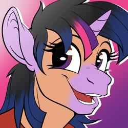 Size: 1280x1280 | Tagged: safe, artist:tf-sential, character:twilight sparkle, oc, oc:acesential, species:alicorn, species:human, species:pony, g4, bust, female, gradient background, happy, horn, human to pony, male, male to female, open mouth, portrait, rule 63, smiling, solo, transformation, transgender transformation