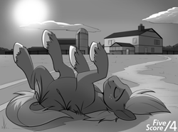 Size: 1280x946 | Tagged: safe, artist:tf-sential, character:big mcintosh, character:rainbow dash, species:earth pony, species:pegasus, species:pony, fanfic:five score divided by four, g4, eyes closed, fanfic art, grayscale, horses doing horse things, implied transformation, monochrome, on back