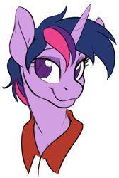 Size: 588x876 | Tagged: safe, artist:tf-sential, character:twilight sparkle, character:twilight sparkle (alicorn), oc, oc:acesential, species:alicorn, species:pony, g4, bust, cute, female, hairstyle swap, implied transformation, implied transgender transformation, looking at you, mare, no pupils, polo shirt, questionable source, simple background, white background