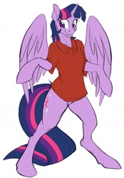 Size: 1280x1842 | Tagged: safe, artist:tf-sential, character:twilight sparkle, character:twilight sparkle (alicorn), oc, oc:acesential, species:alicorn, species:anthro, species:pony, species:unguligrade anthro, g4, arm hooves, bipedal, clothing, featureless crotch, female, implied transformation, implied transgender transformation, polo shirt, semi-anthro, simple background, smiling, solo, white background