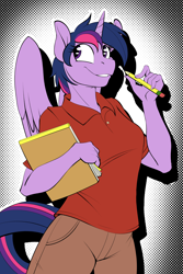 Size: 1280x1920 | Tagged: safe, artist:tf-sential, character:twilight sparkle, character:twilight sparkle (alicorn), oc, oc:acesential, species:alicorn, species:anthro, species:pony, species:unguligrade anthro, g4, bipedal, clothing, female, implied transformation, implied transgender transformation, pants, pencil, polo shirt, sketchbook, smiling, solo