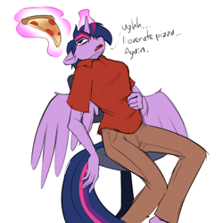 Size: 1280x1280 | Tagged: safe, artist:tf-sential, character:twilight sparkle, character:twilight sparkle (alicorn), oc, oc:acesential, species:alicorn, species:anthro, species:pony, species:unguligrade anthro, g4, clothing, female, food, implied transformation, implied transgender transformation, magic, meat, office chair, pants, pencil, pepperoni, pepperoni pizza, pizza, polo shirt, solo, wings