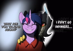 Size: 2048x1418 | Tagged: safe, artist:tf-sential, character:discord, character:twilight sparkle, oc, oc:acesential, oc:eris, species:anthro, g4, black background, creepy, dialogue, duo, eyes closed, implied transgender transformation, looking at you, polo shirt, rule 63, simple background, smiling