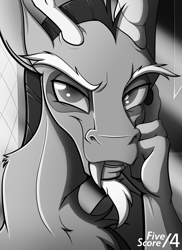 Size: 1280x1760 | Tagged: safe, artist:tf-sential, character:discord, species:draconequus, fanfic:five score divided by four, g4, bust, fanfic art, grayscale, monochrome, portrait, sitting, solo