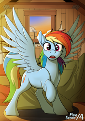 Size: 2475x3510 | Tagged: safe, artist:tf-sential, character:rainbow dash, species:pegasus, species:pony, fanfic:five score divided by four, g4, fanfic art, high res, implied transformation, open mouth, solo, spread wings, surprised, wings