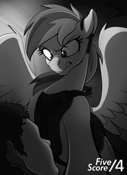 Size: 1280x1760 | Tagged: safe, artist:tf-sential, character:rainbow dash, species:human, species:pegasus, species:pony, fanfic:five score divided by four, g4, angry, bag, clothing, fanfic art, glare, grayscale, headset, monochrome, saddle bag, solo focus, spread wings, vest, wings