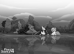 Size: 1280x946 | Tagged: safe, artist:tf-sential, character:fluttershy, character:shining armor, species:pegasus, species:pony, species:unicorn, fanfic:five score divided by four, g4, blanket, clothing, duo, eyes closed, fanfic art, forest, grayscale, kettle, lake, monochrome, pants, prone, scenery, treehouse